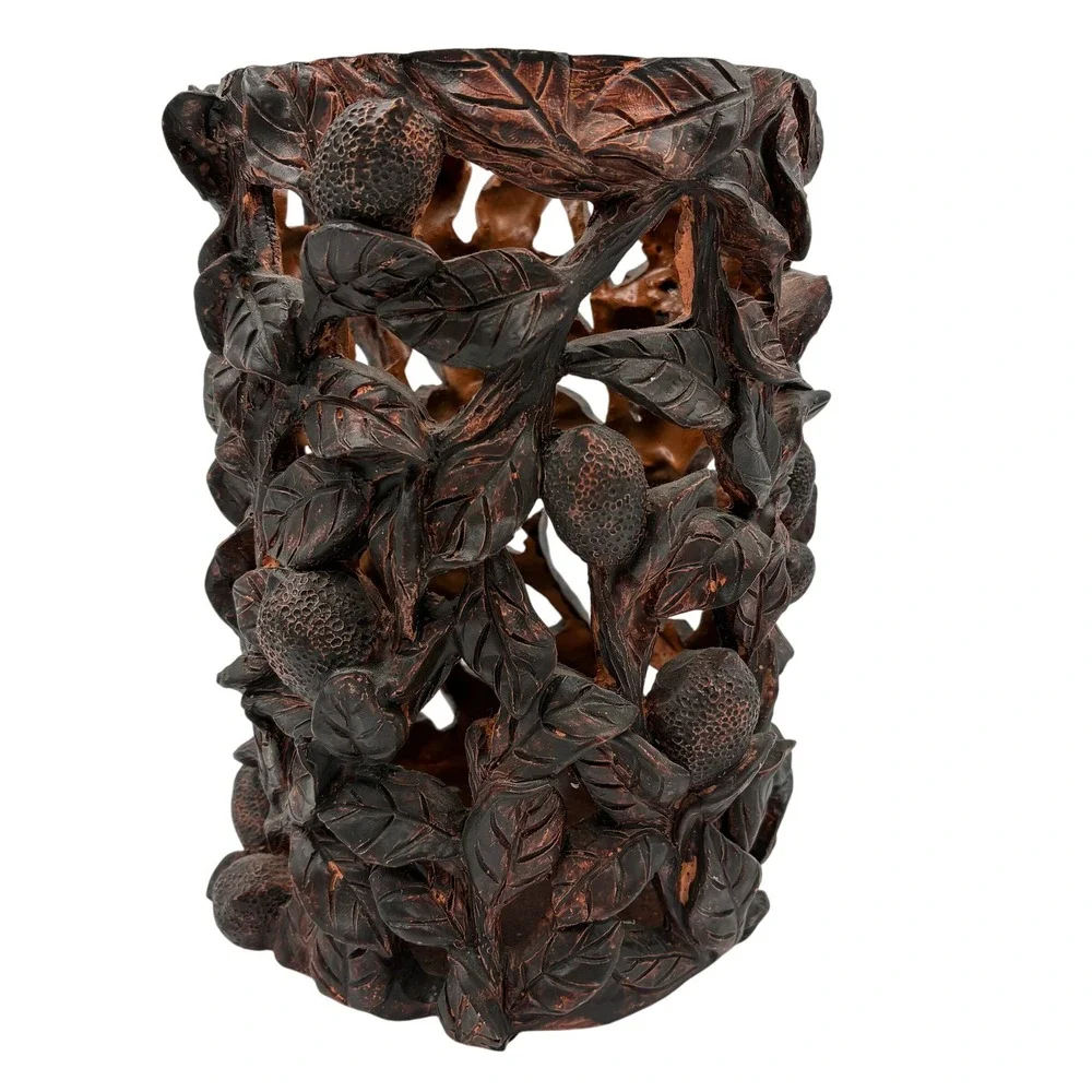 Tree of Life Ornate Carved‎ Leaf Design Tabletop Decor Vase Accent Piece Resin